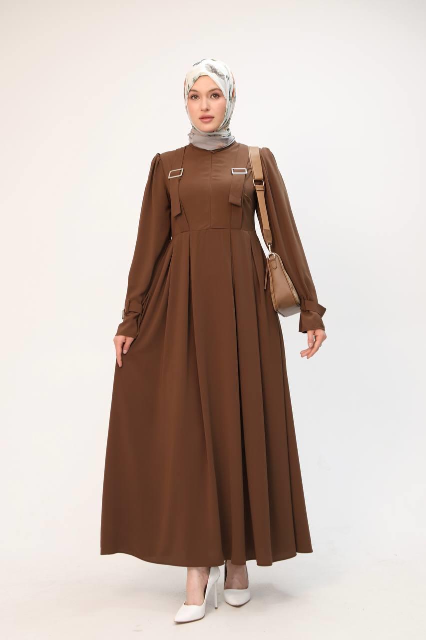 7041 Kuşak Detaylı Elbise - Taba