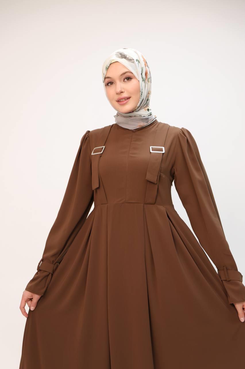 7041 Kuşak Detaylı Elbise - Taba
