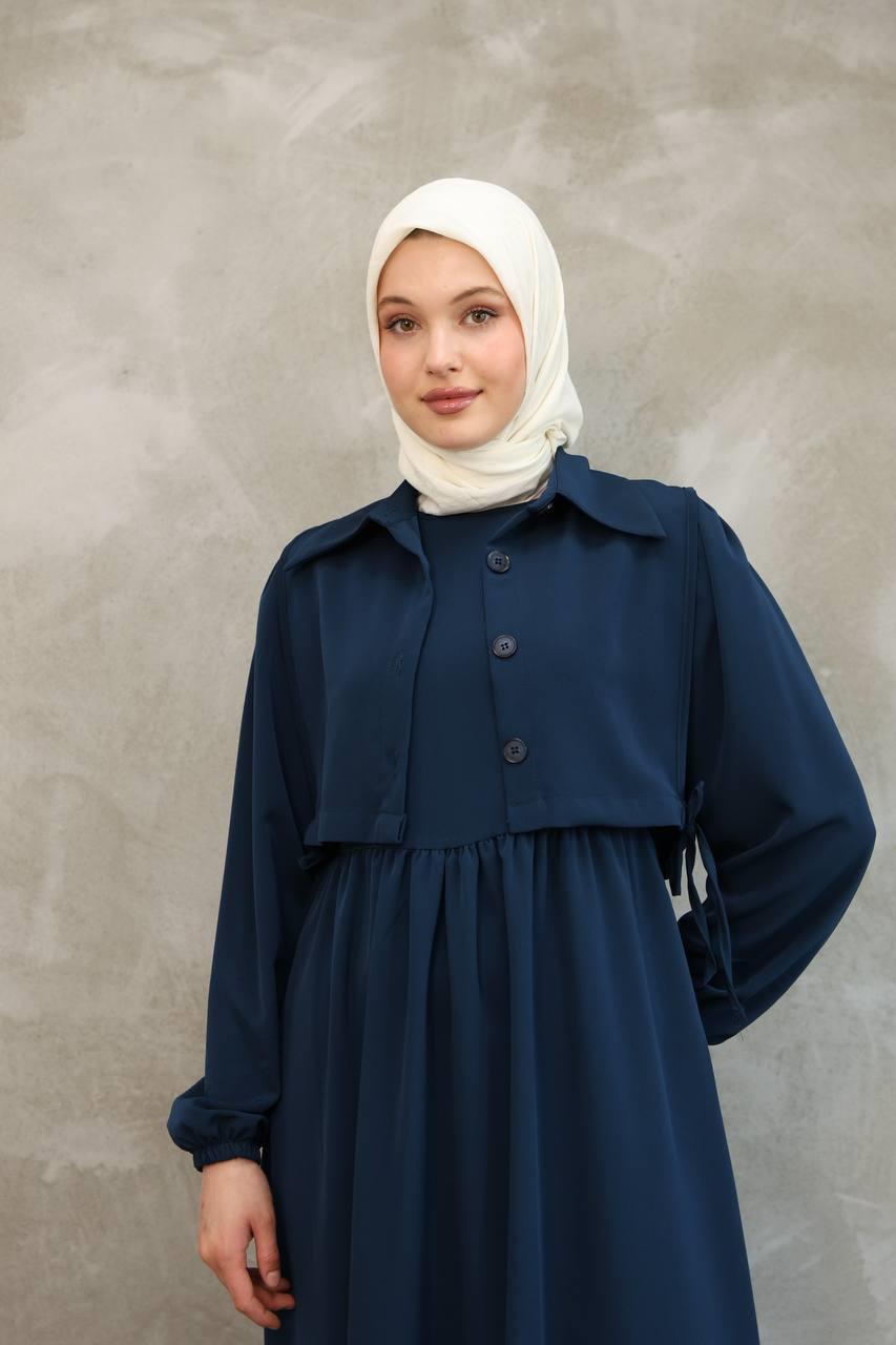7043 Düğmeli Iki Parça Elbise - Lacivert