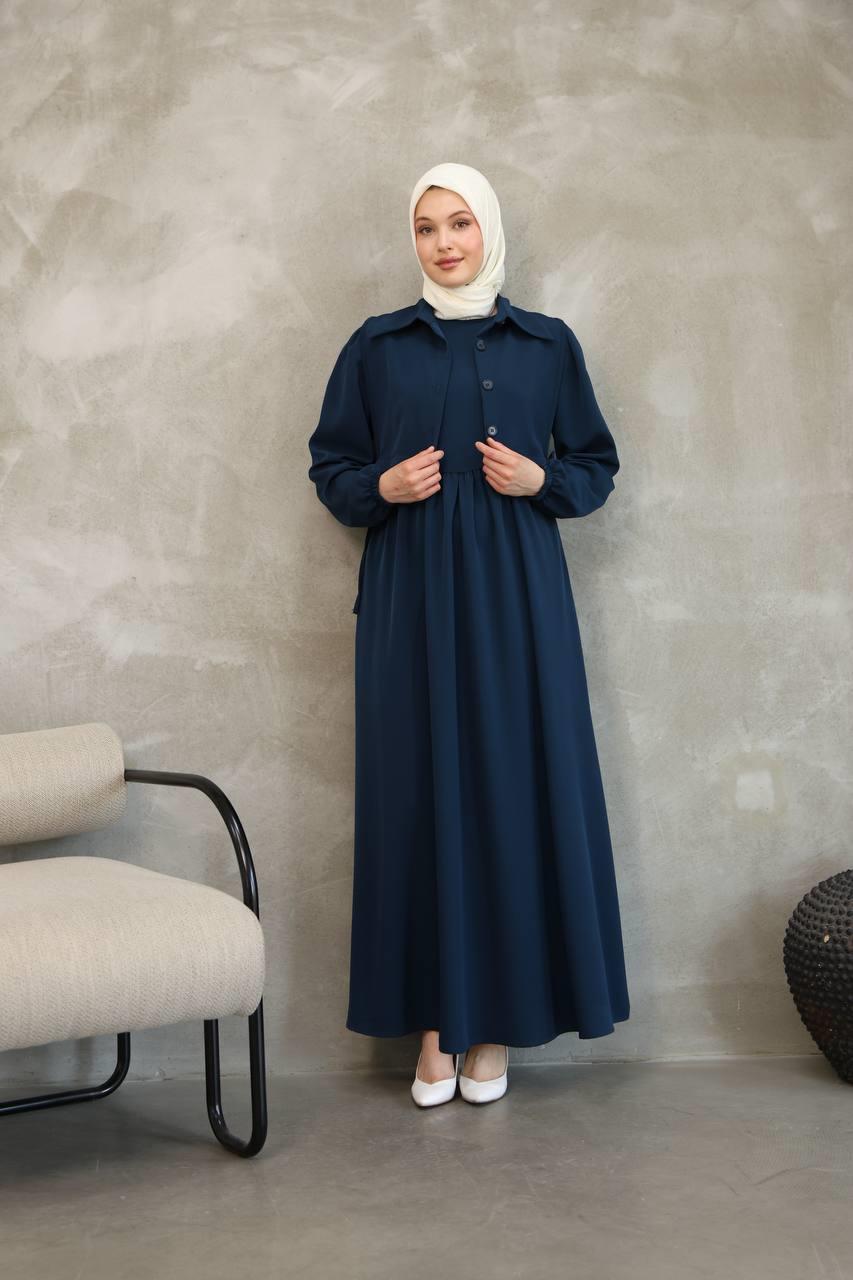 7043 Düğmeli Iki Parça Elbise - Lacivert