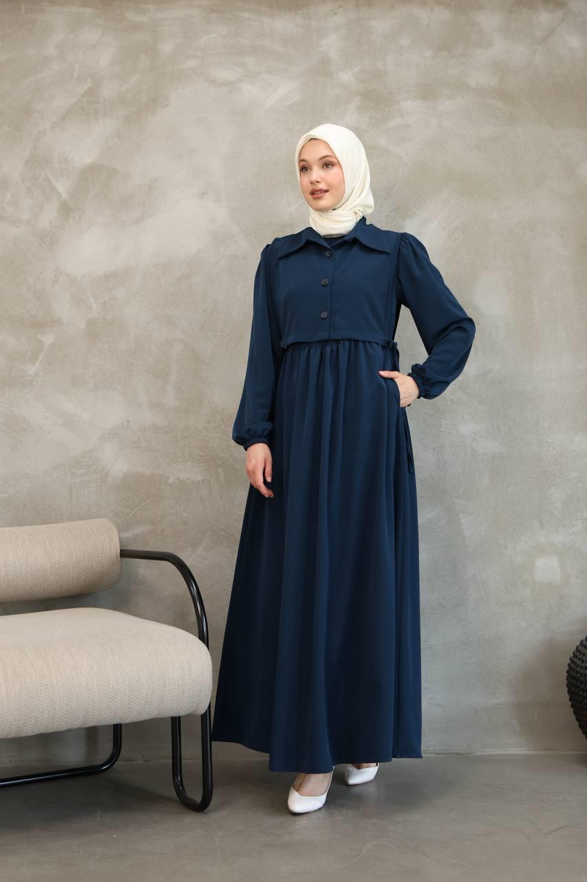 7043 Düğmeli Iki Parça Elbise - Lacivert