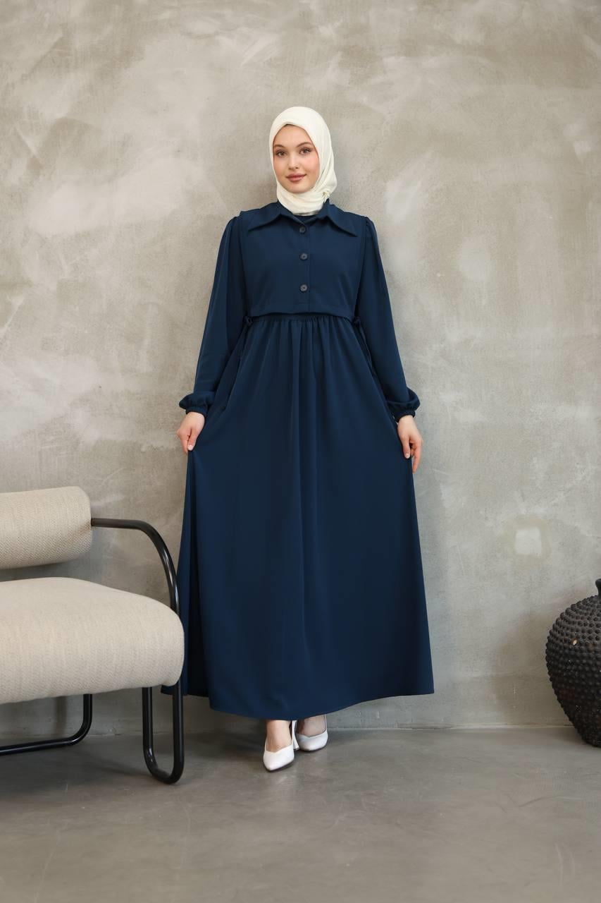 7043 Düğmeli Iki Parça Elbise - Lacivert