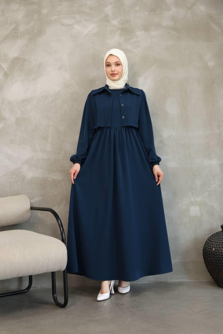 7043 Düğmeli Iki Parça Elbise - Lacivert