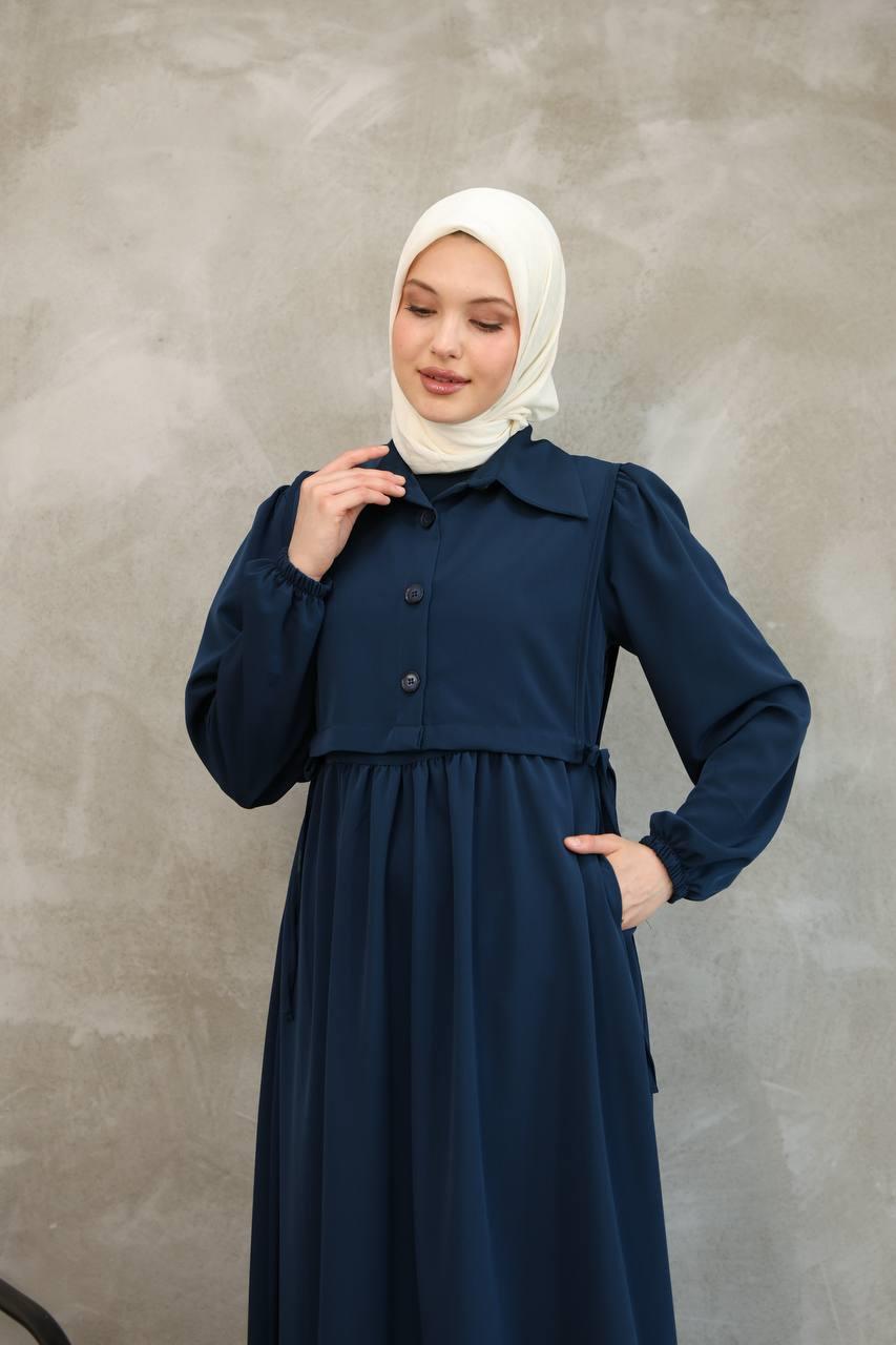 7043 Düğmeli Iki Parça Elbise - Lacivert