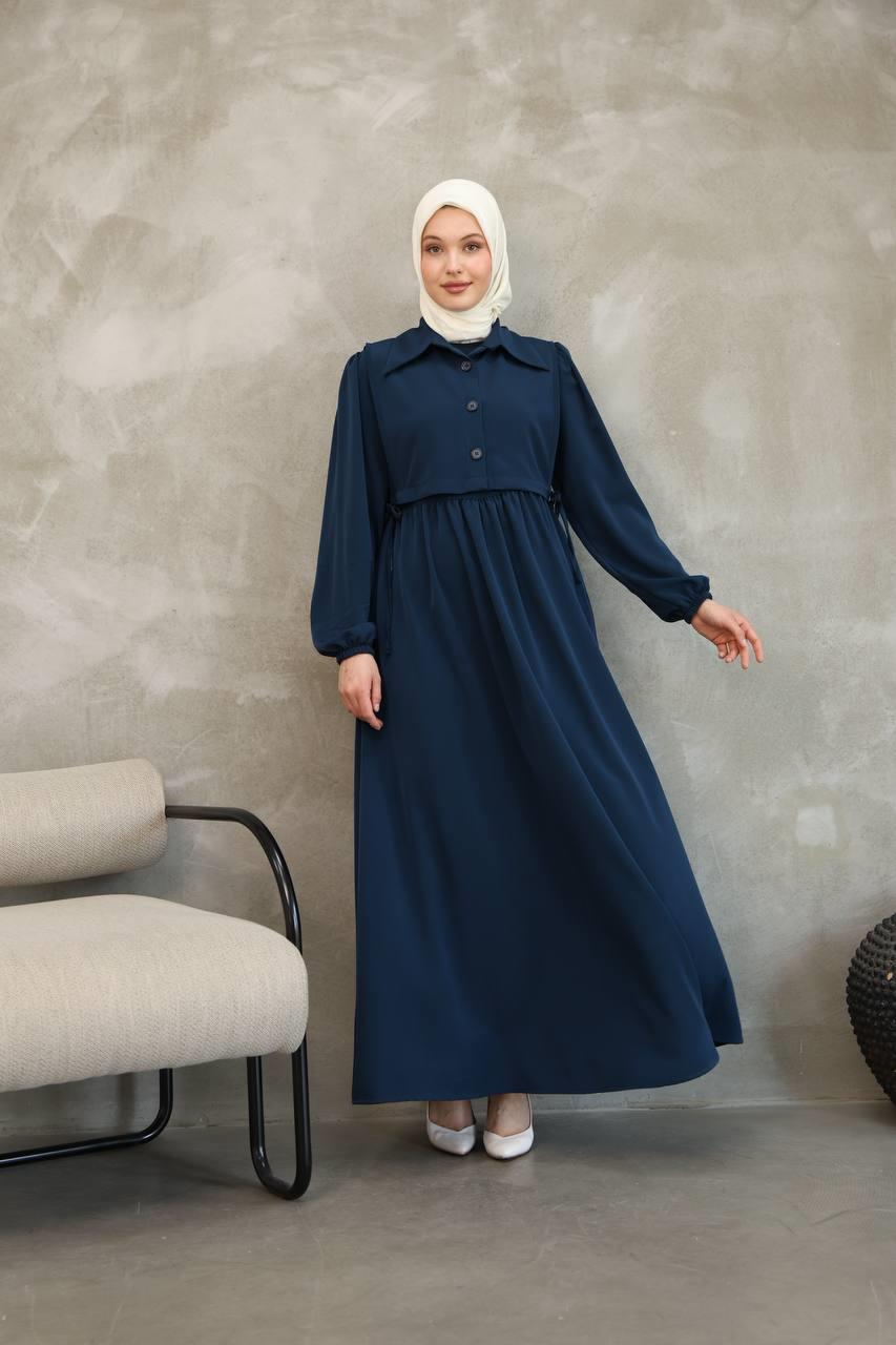 7043 Düğmeli Iki Parça Elbise - Lacivert