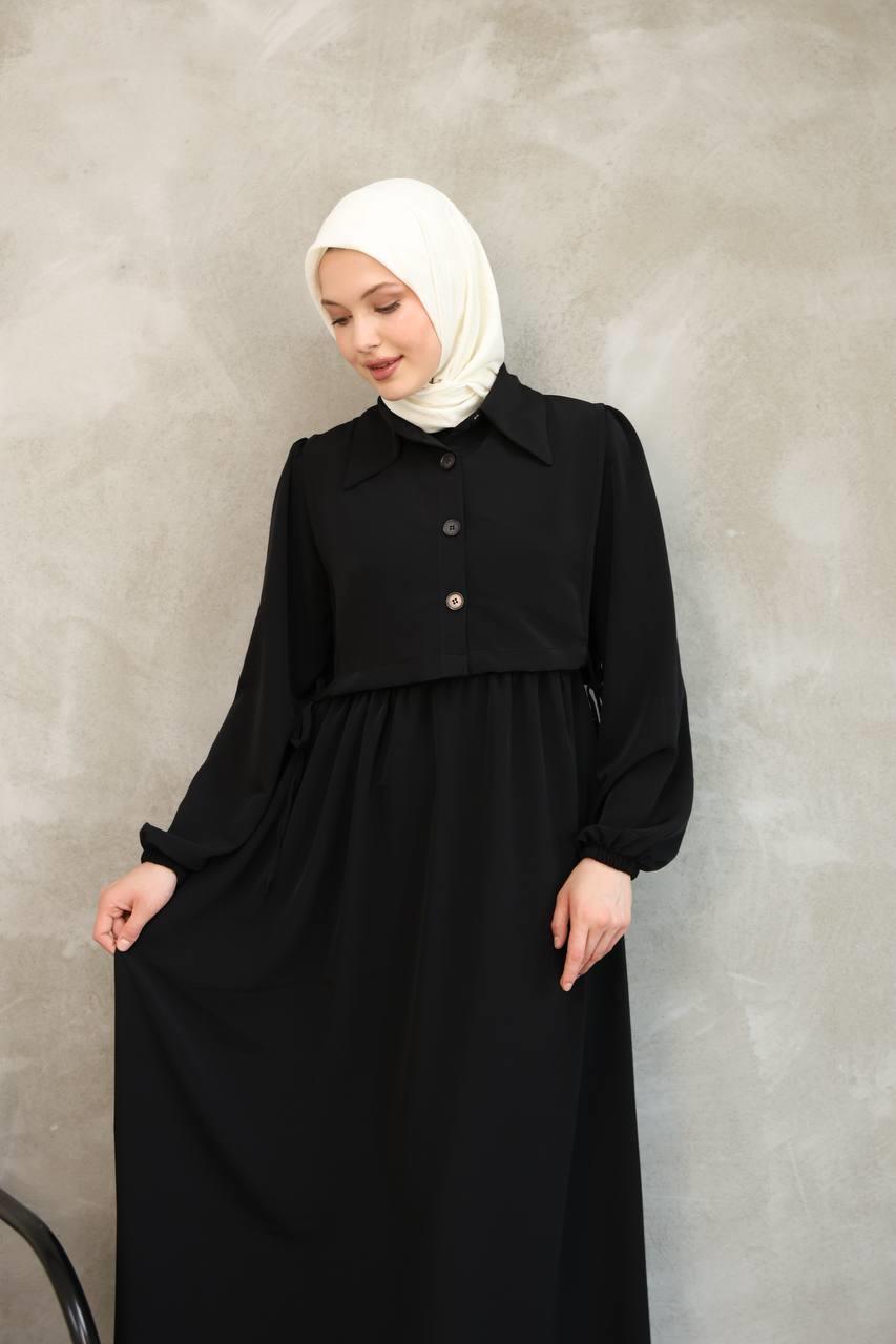 7043 Düğmeli Iki Parça Elbise - Siyah
