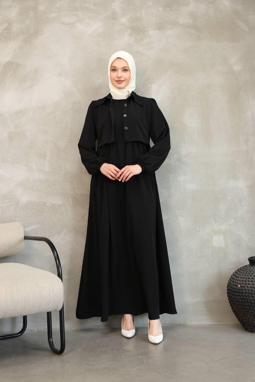 7043 Düğmeli Iki Parça Elbise - Siyah