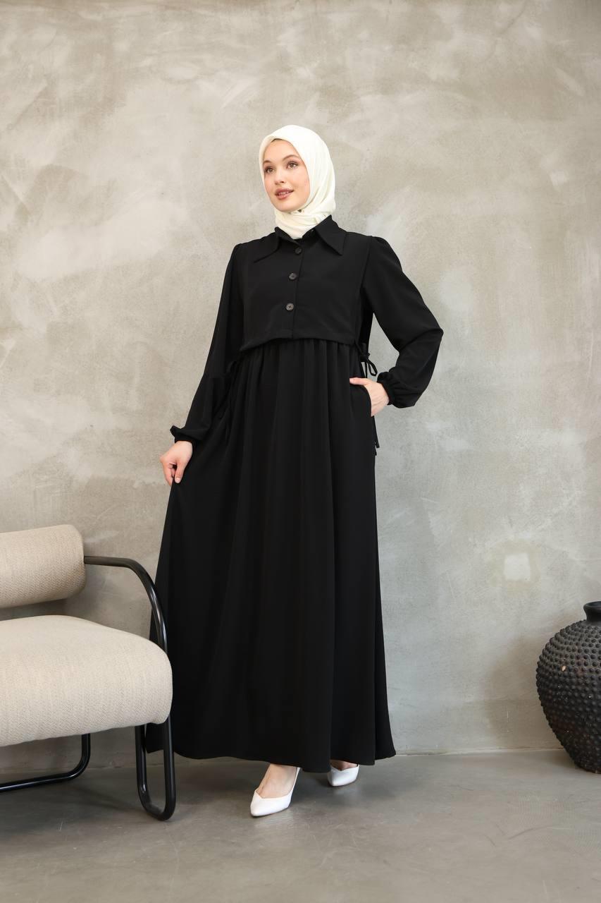 7043 Düğmeli Iki Parça Elbise - Siyah