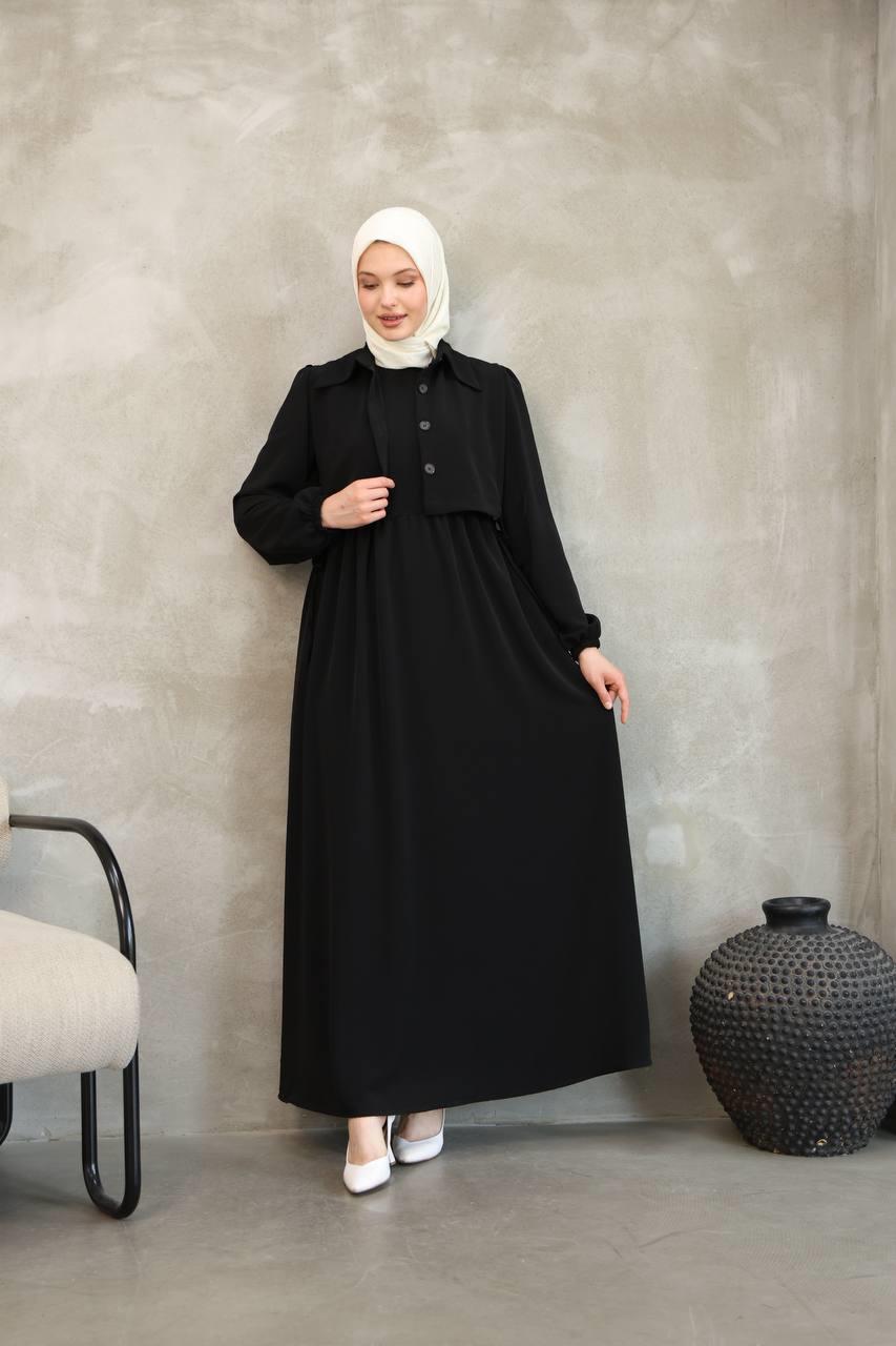7043 Düğmeli Iki Parça Elbise - Siyah