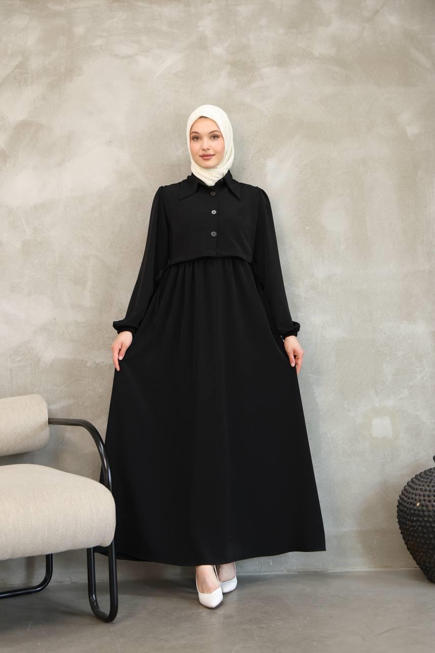 7043 Düğmeli Iki Parça Elbise - Siyah