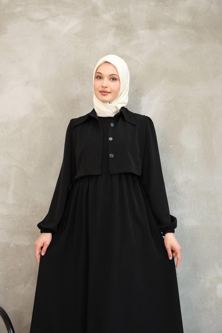 7043 Düğmeli Iki Parça Elbise - Siyah
