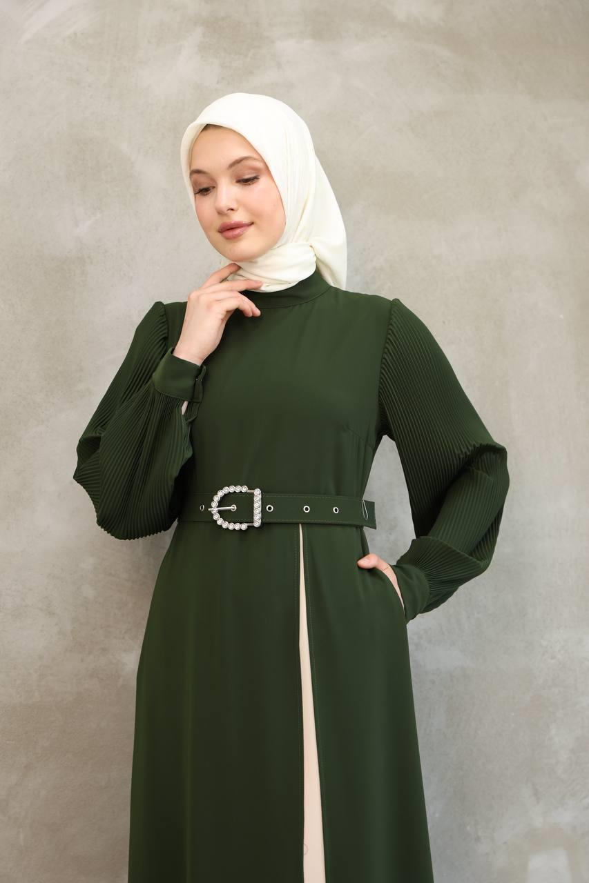 7044 Pilili Kollu Elbise - Haki