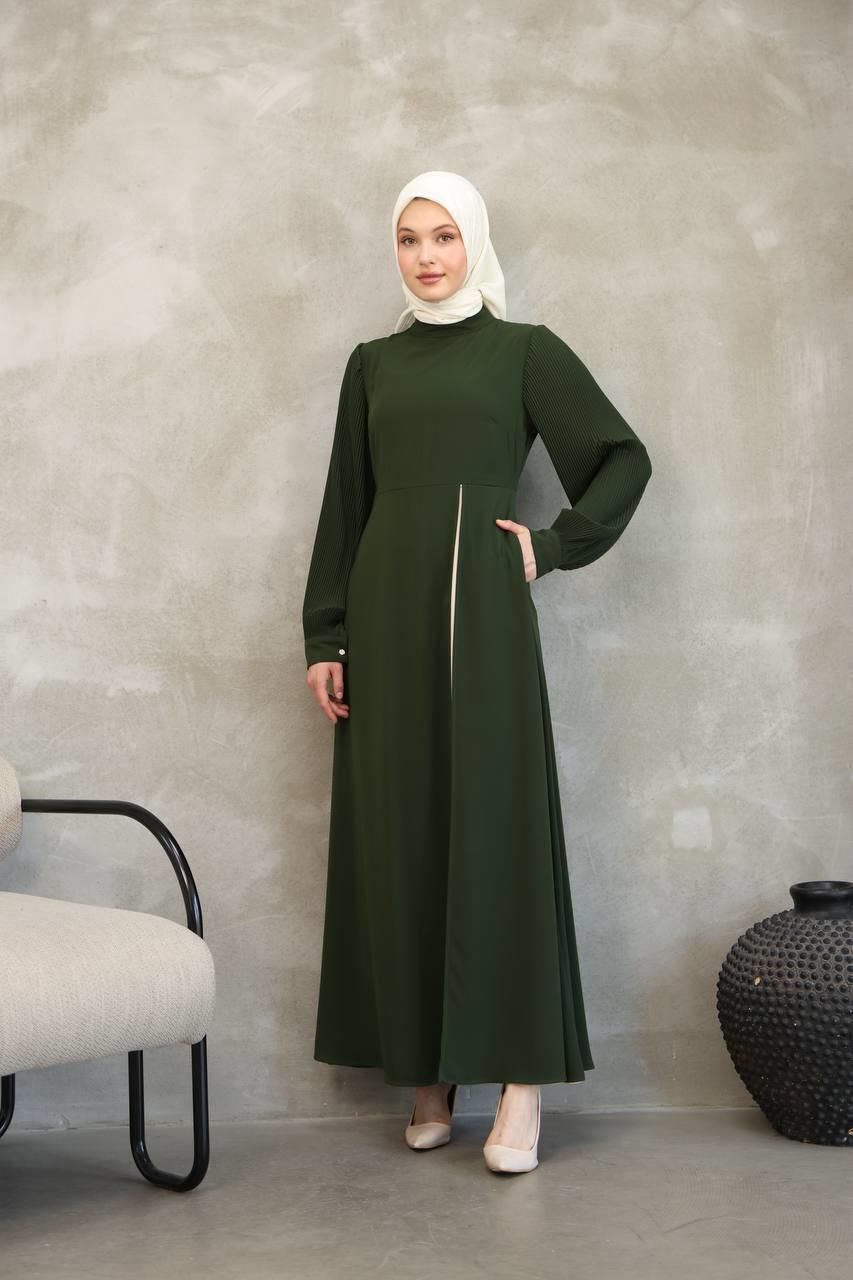 7044 Pilili Kollu Elbise - Haki