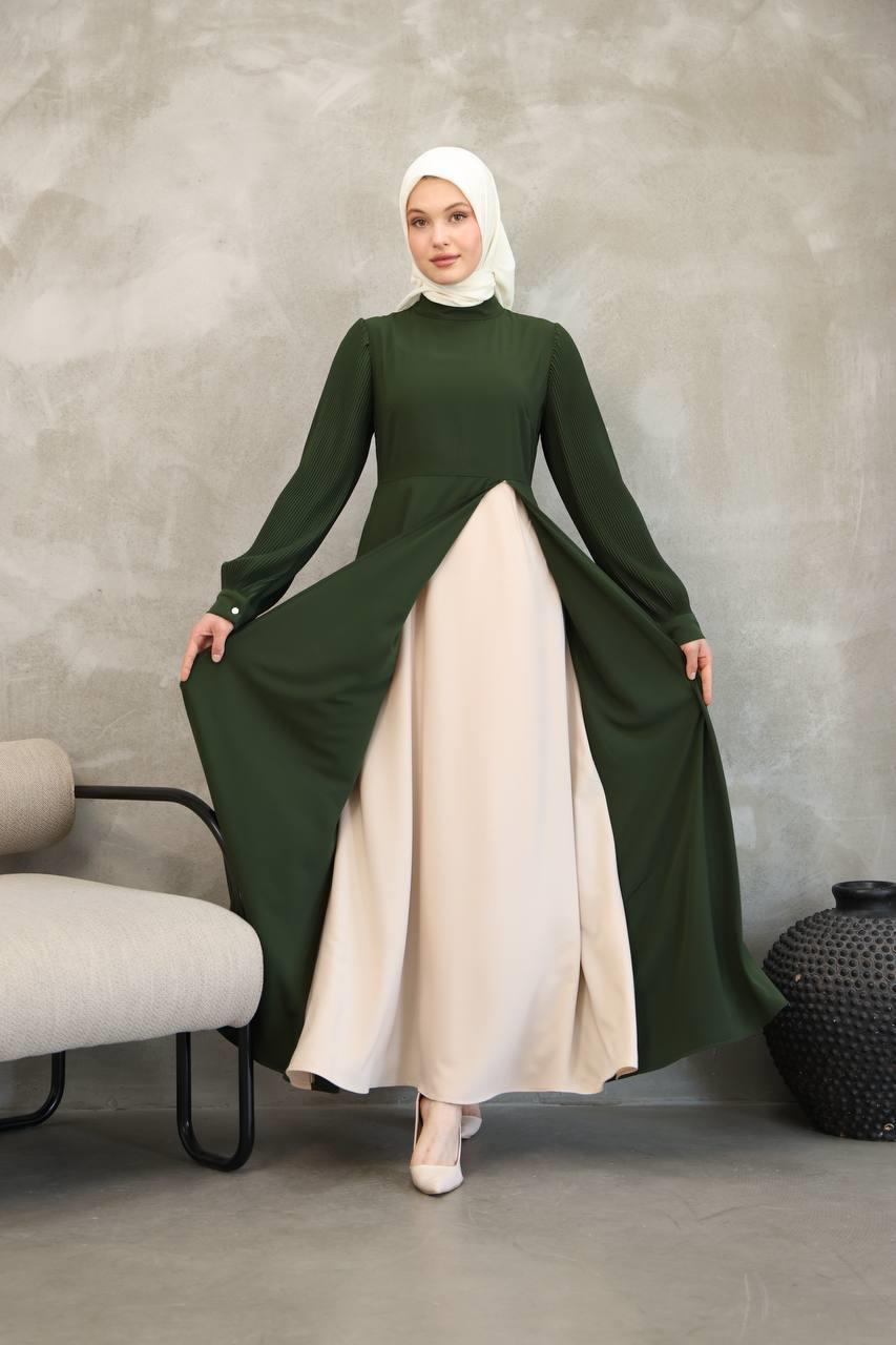 7044 Pilili Kollu Elbise - Haki
