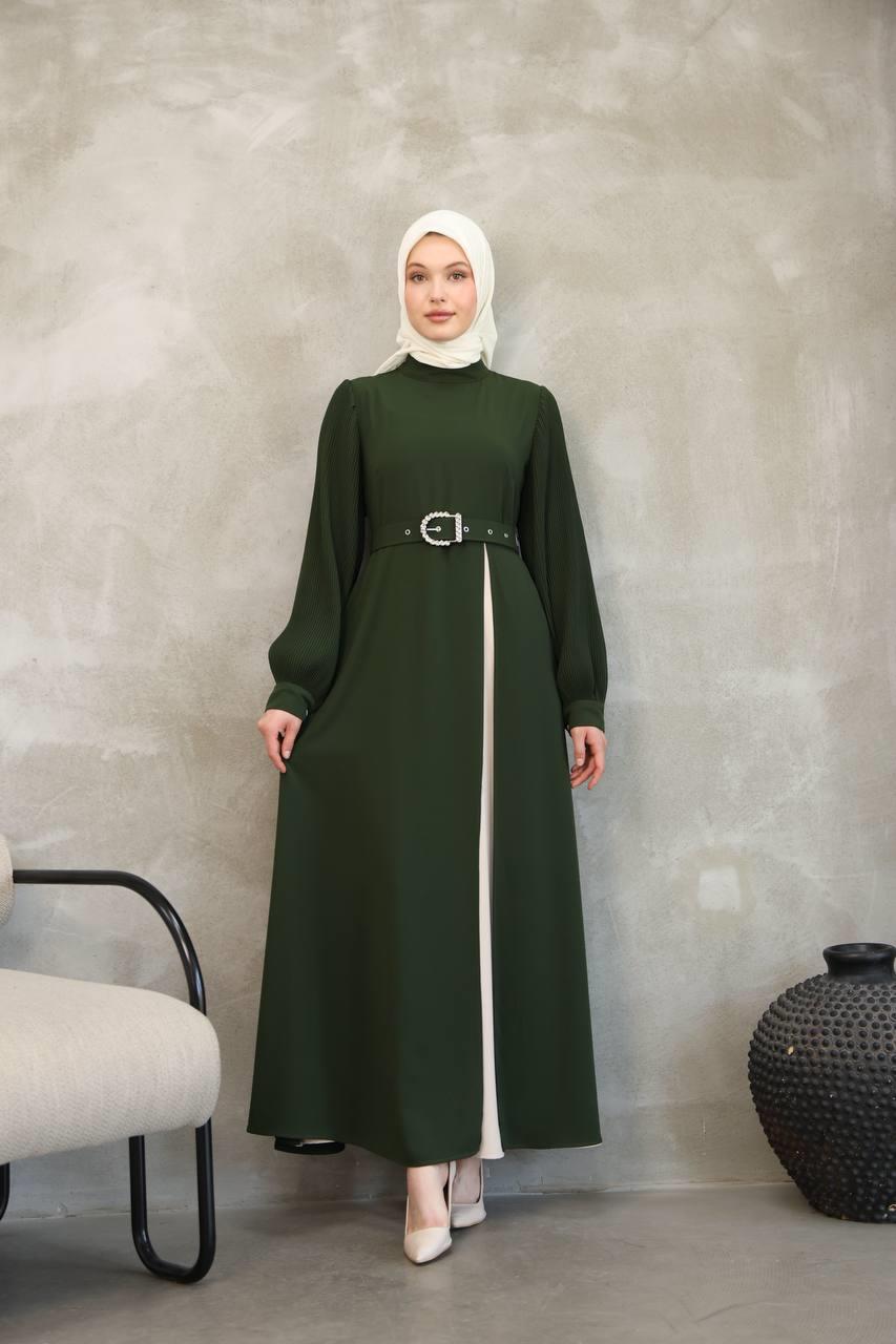 7044 Pilili Kollu Elbise - Haki