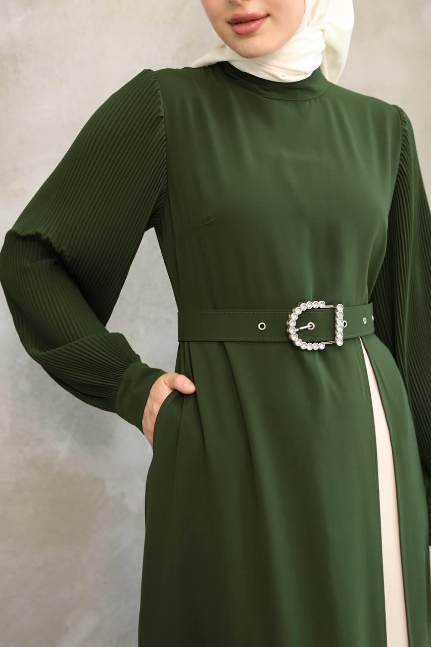 7044 Pilili Kollu Elbise - Haki