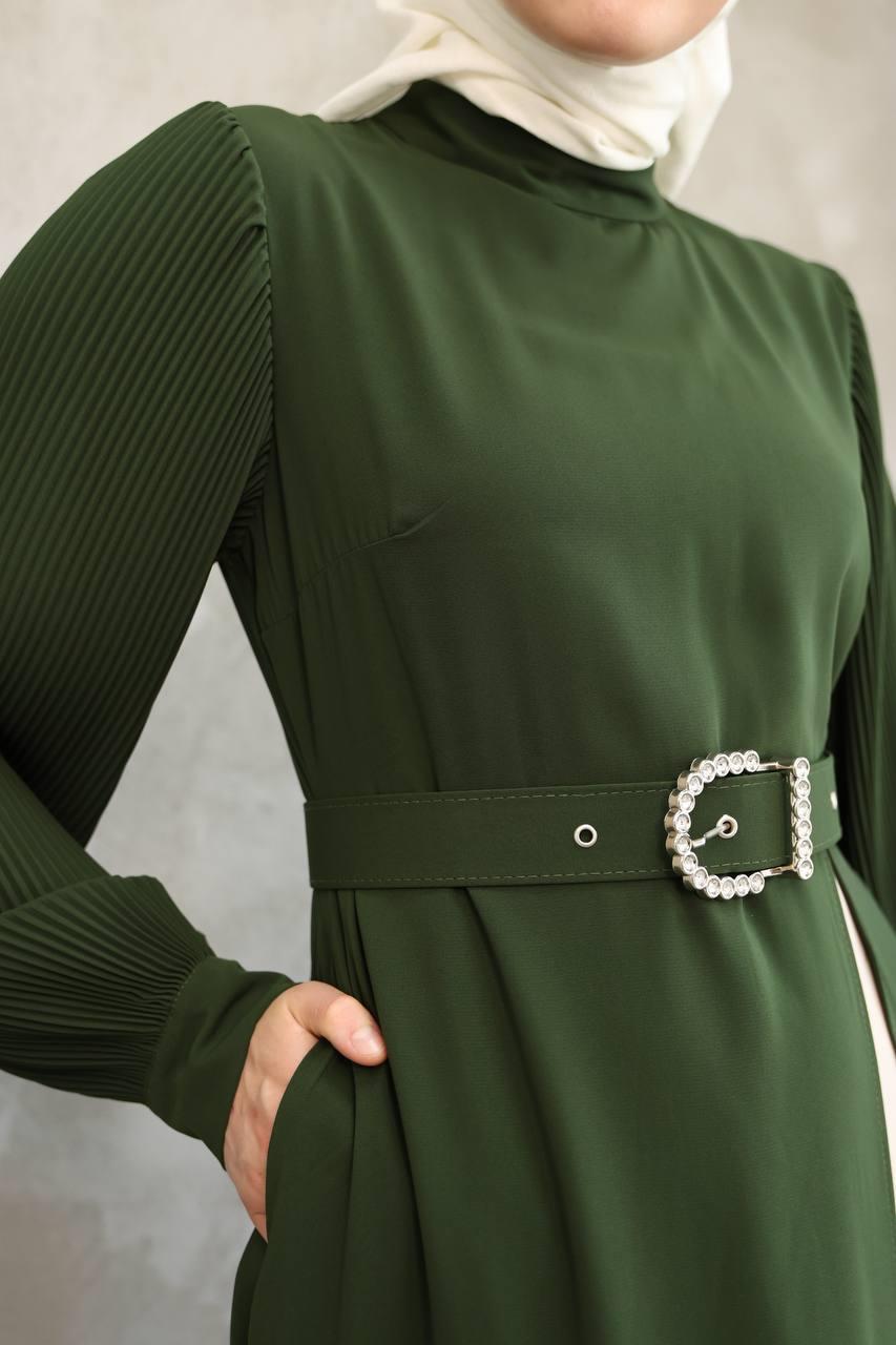 7044 Pilili Kollu Elbise - Haki
