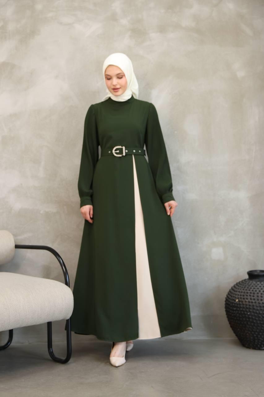 7044 Pilili Kollu Elbise - Haki