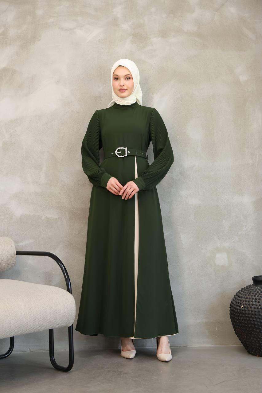 7044 Pilili Kollu Elbise - Haki