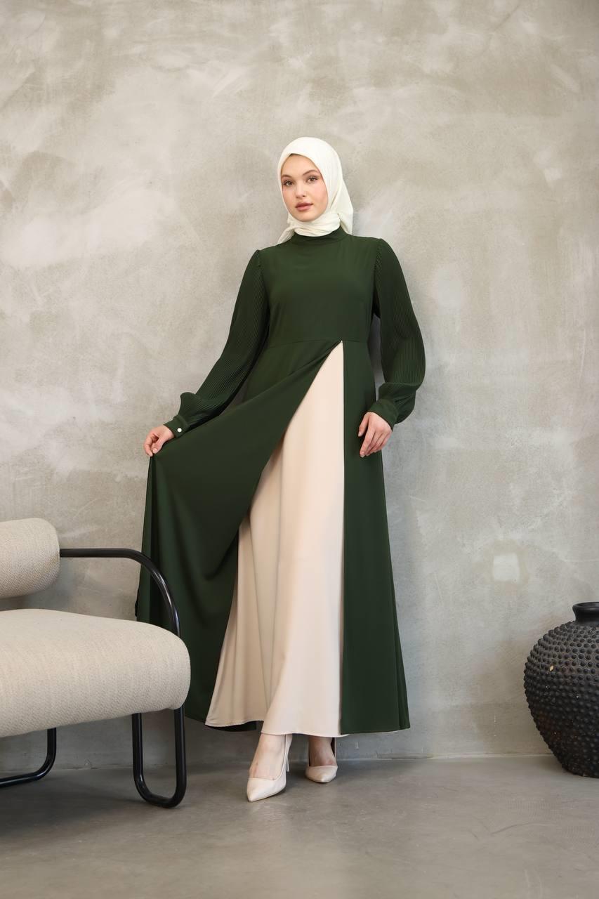 7044 Pilili Kollu Elbise - Haki