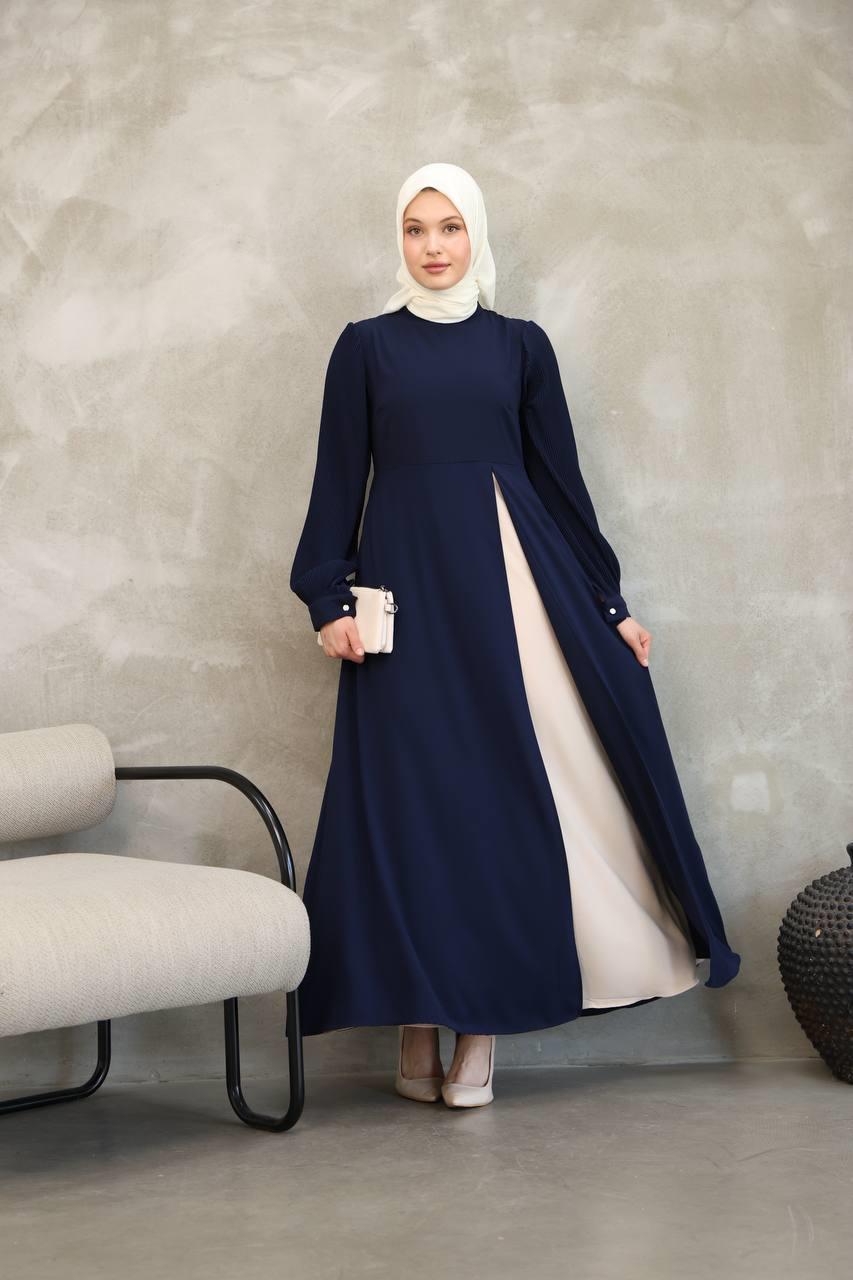 7044 Pilili Kollu Elbise - Lacivert