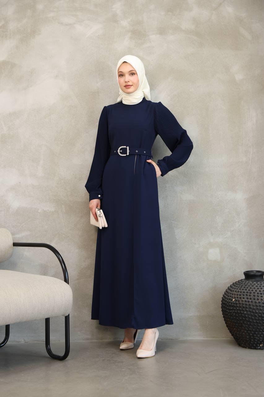 7044 Pilili Kollu Elbise - Lacivert