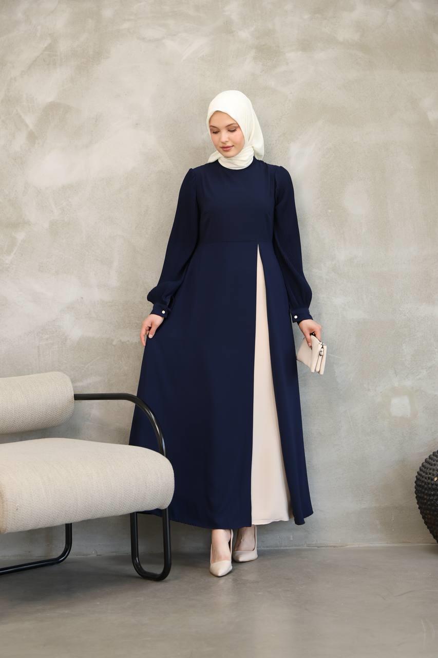 7044 Pilili Kollu Elbise - Lacivert
