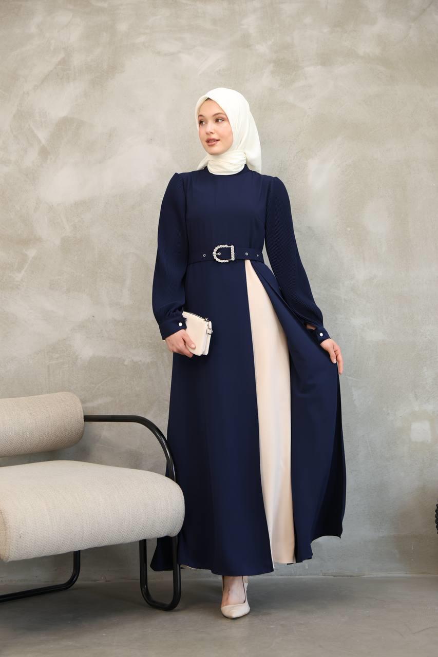 7044 Pilili Kollu Elbise - Lacivert