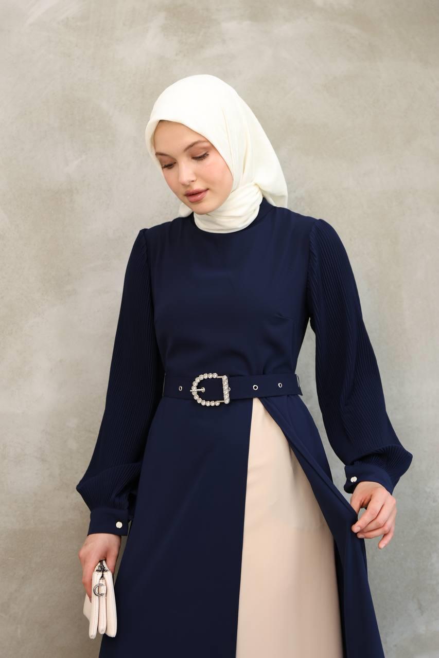 7044 Pilili Kollu Elbise - Lacivert