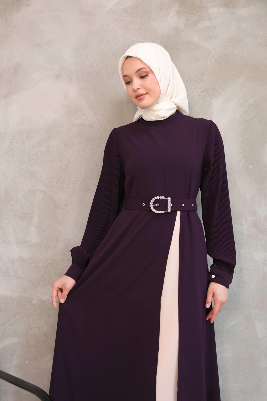 7044 Pilili Kollu Elbise - Mürdüm