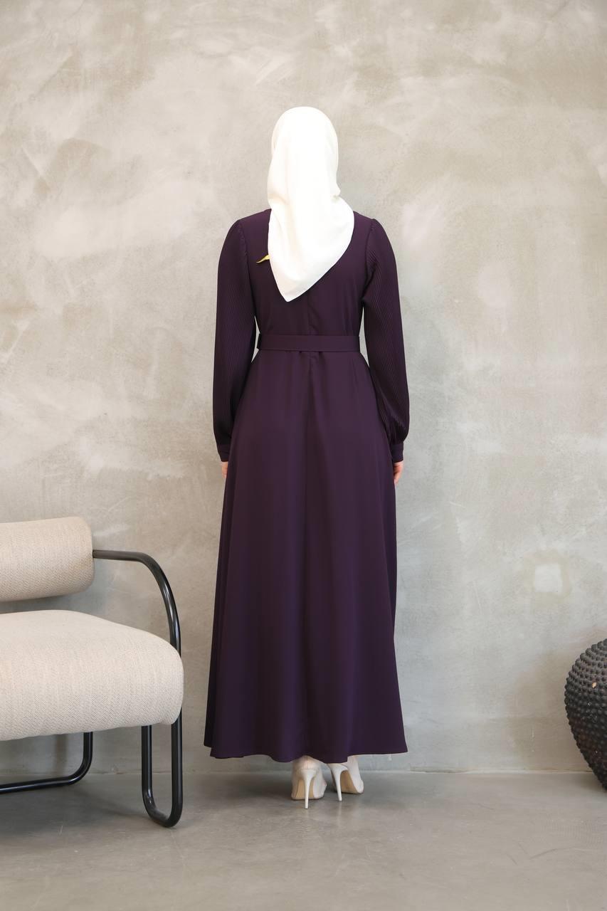 7044 Pilili Kollu Elbise - Mürdüm