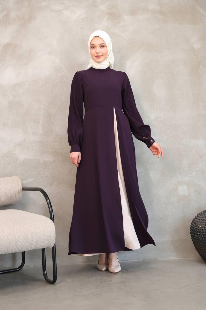 7044 Pilili Kollu Elbise - Mürdüm