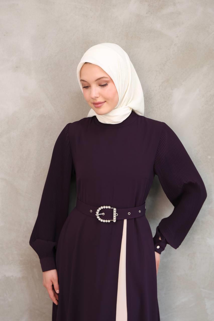 7044 Pilili Kollu Elbise - Mürdüm
