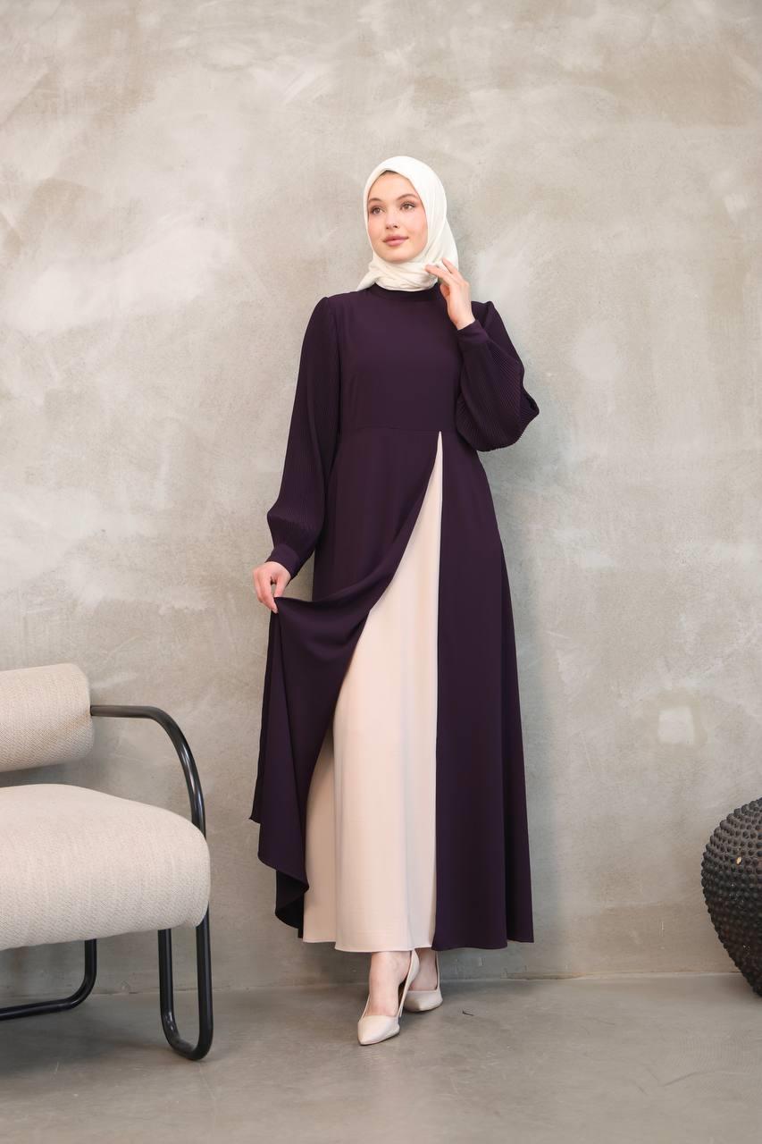 7044 Pilili Kollu Elbise - Mürdüm