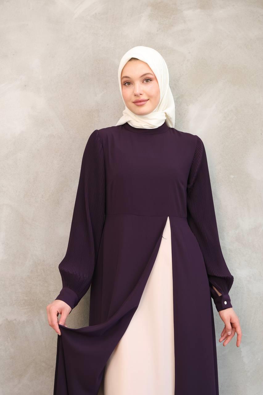 7044 Pilili Kollu Elbise - Mürdüm
