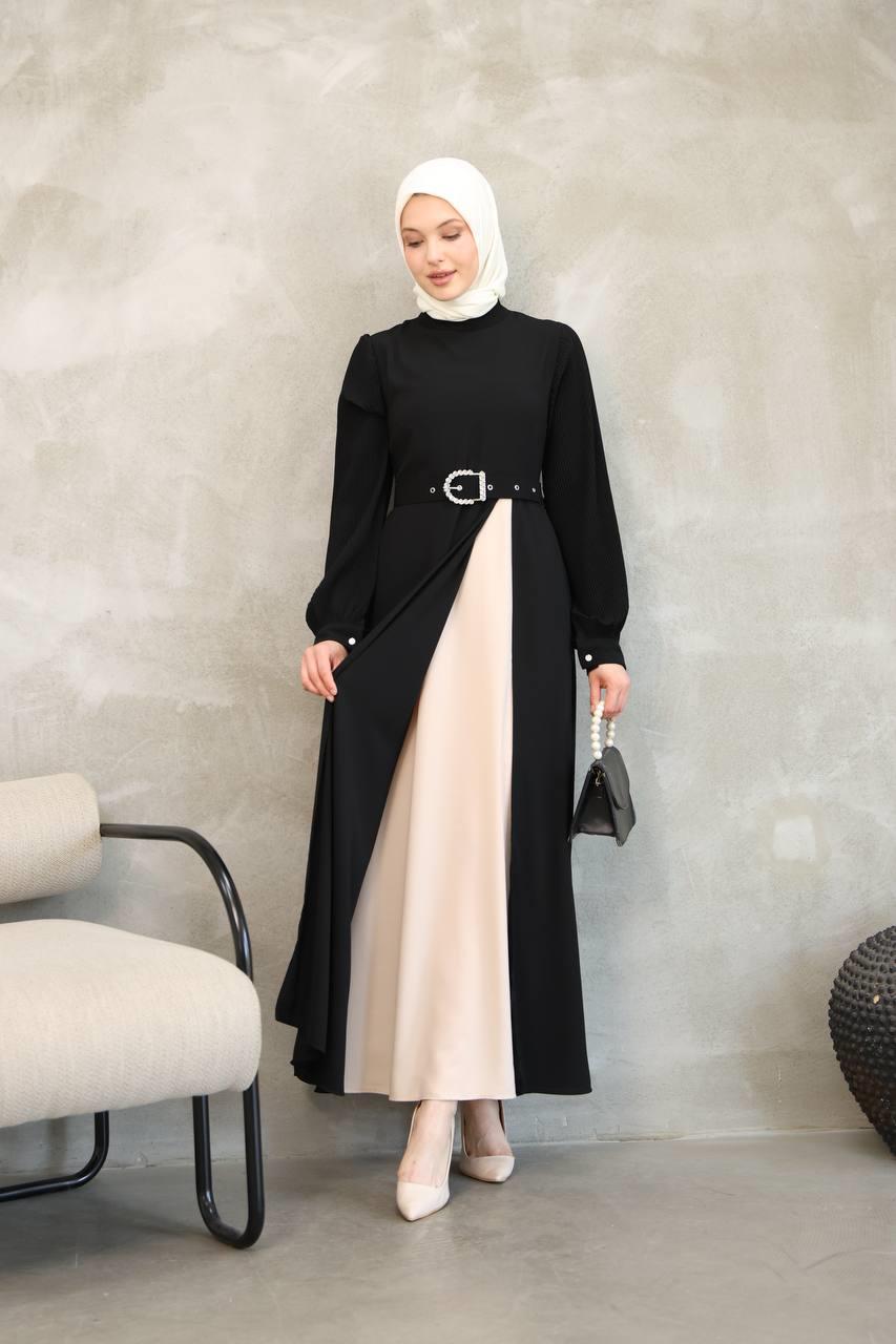 7044 Pilili Kollu Elbise - Siyah