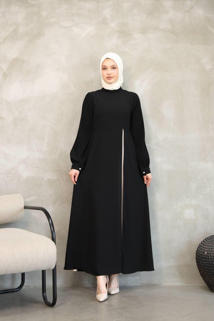 7044 Pilili Kollu Elbise - Siyah