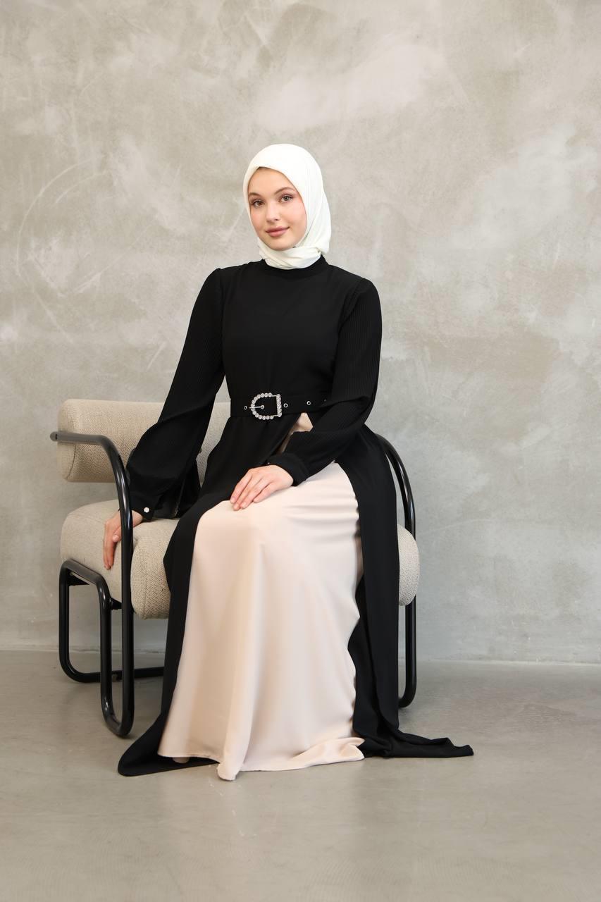 7044 Pilili Kollu Elbise - Siyah