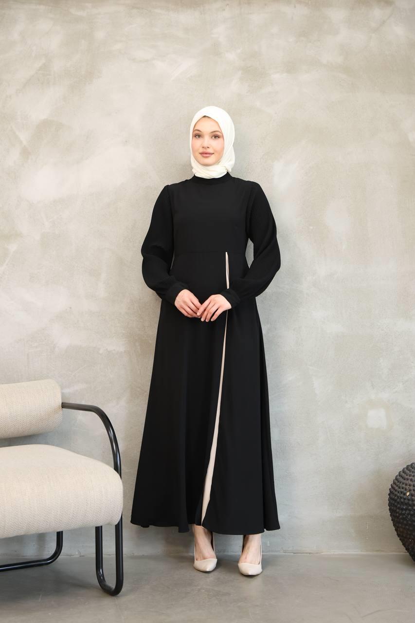 7044 Pilili Kollu Elbise - Siyah
