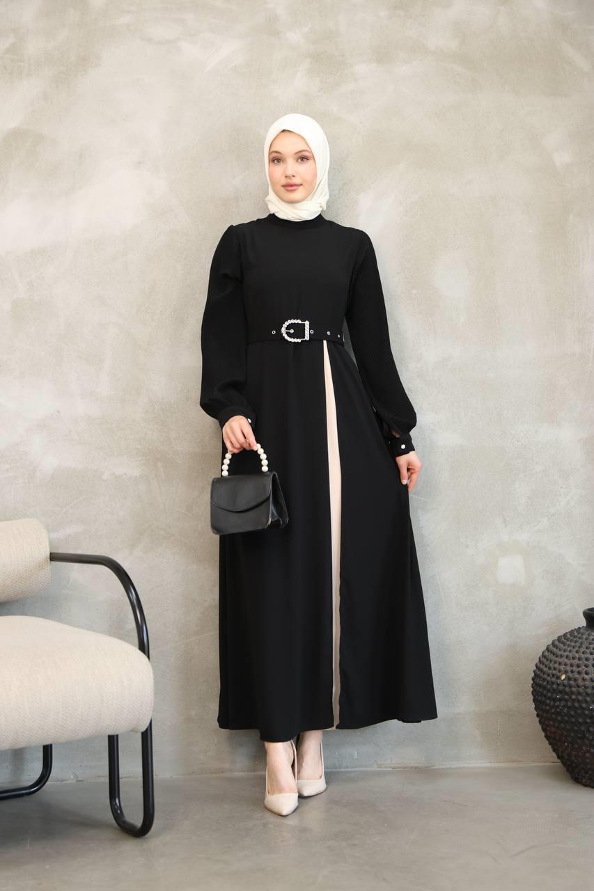 7044 Pilili Kollu Elbise - Siyah