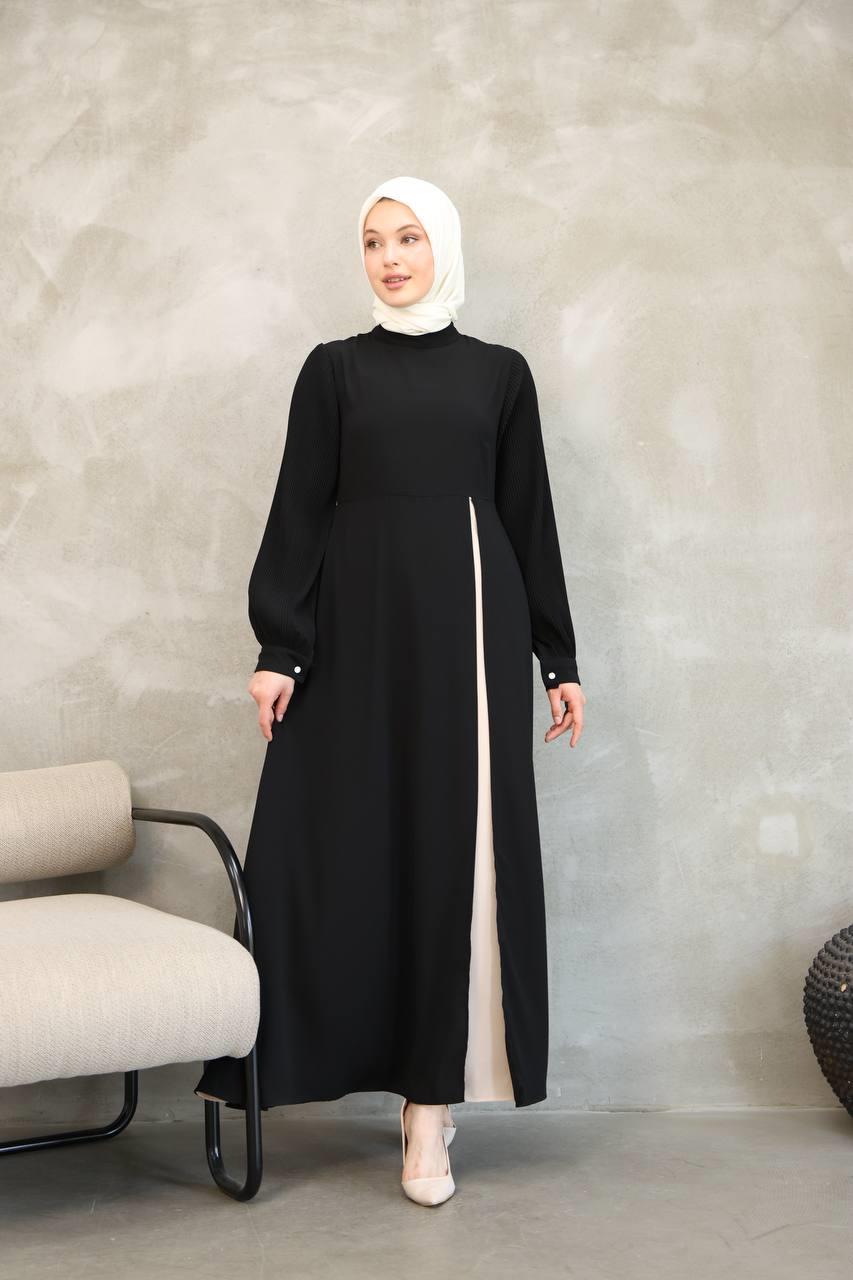 7044 Pilili Kollu Elbise - Siyah