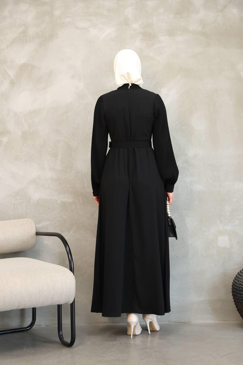 7044 Pilili Kollu Elbise - Siyah