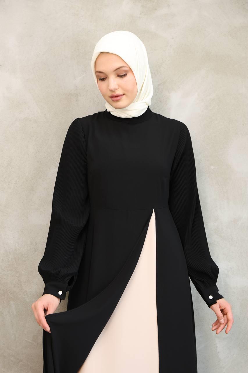 7044 Pilili Kollu Elbise - Siyah