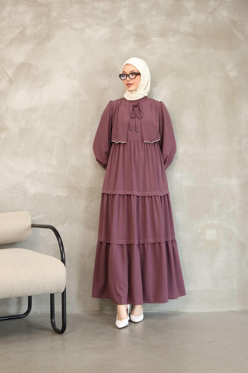 7045 Önden Güpürlü Elbise -Gül kurusu