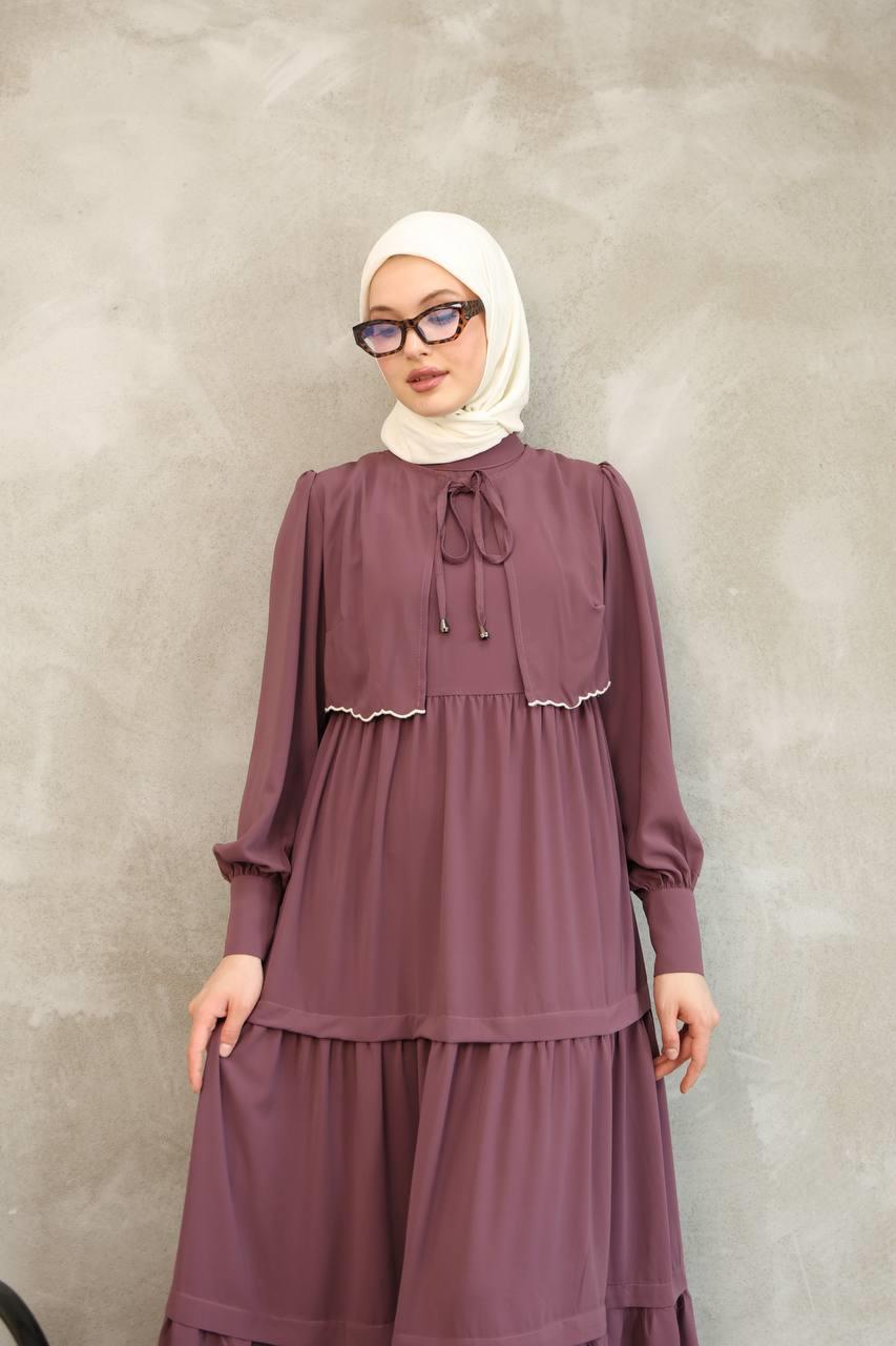 7045 Önden Güpürlü Elbise -Gül kurusu