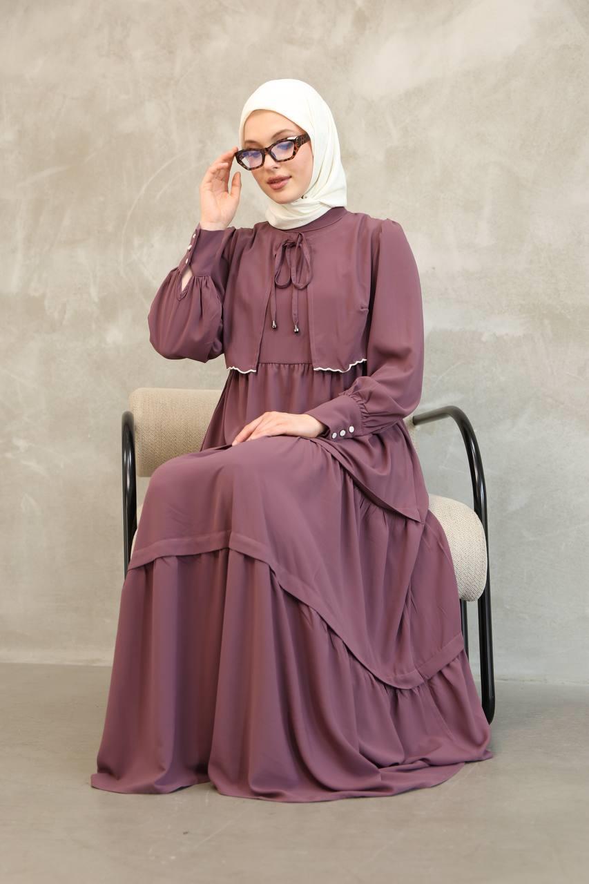 7045 Önden Güpürlü Elbise -Gül kurusu
