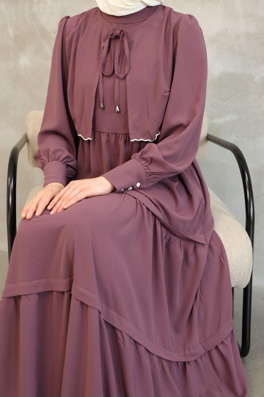 7045 Önden Güpürlü Elbise -Gül kurusu