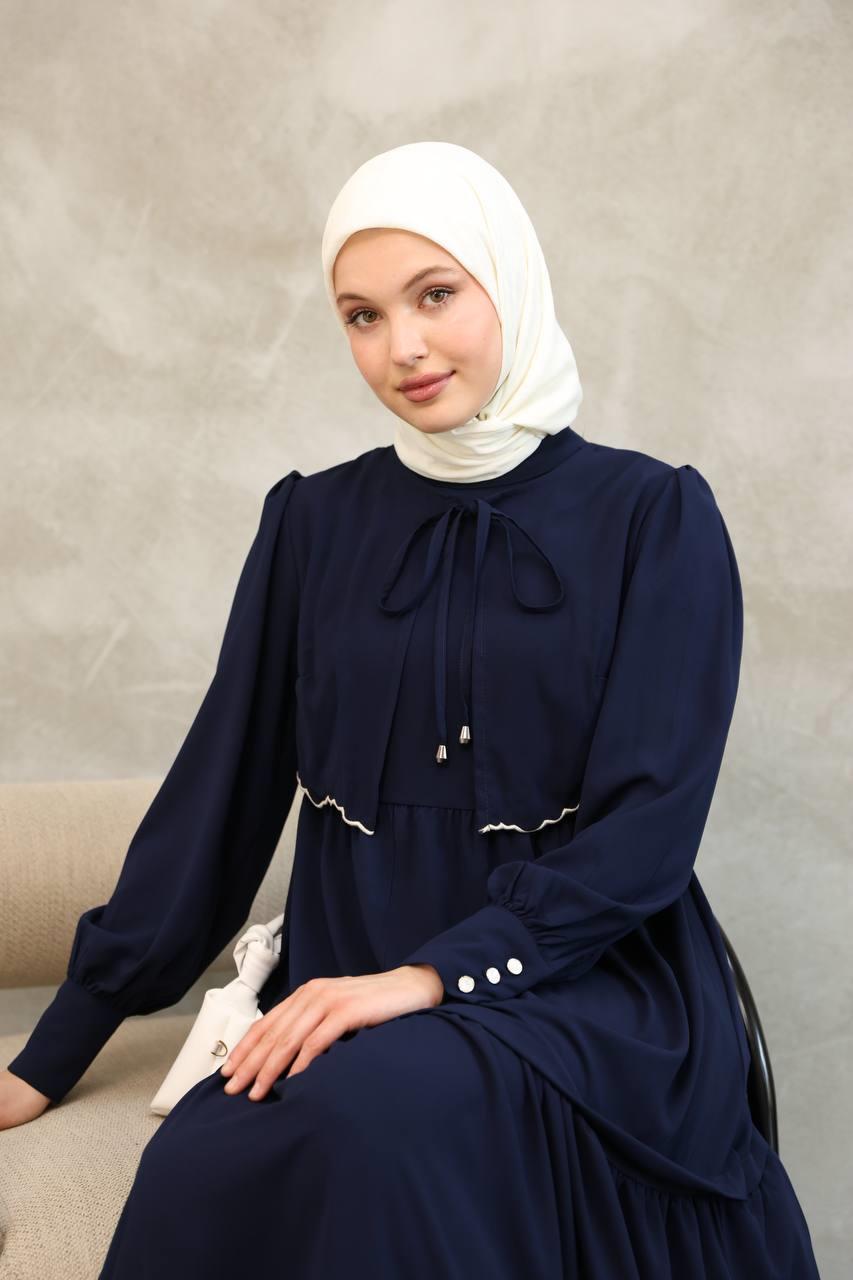 7045 Önden Güpürlü Elbise - Lacivert