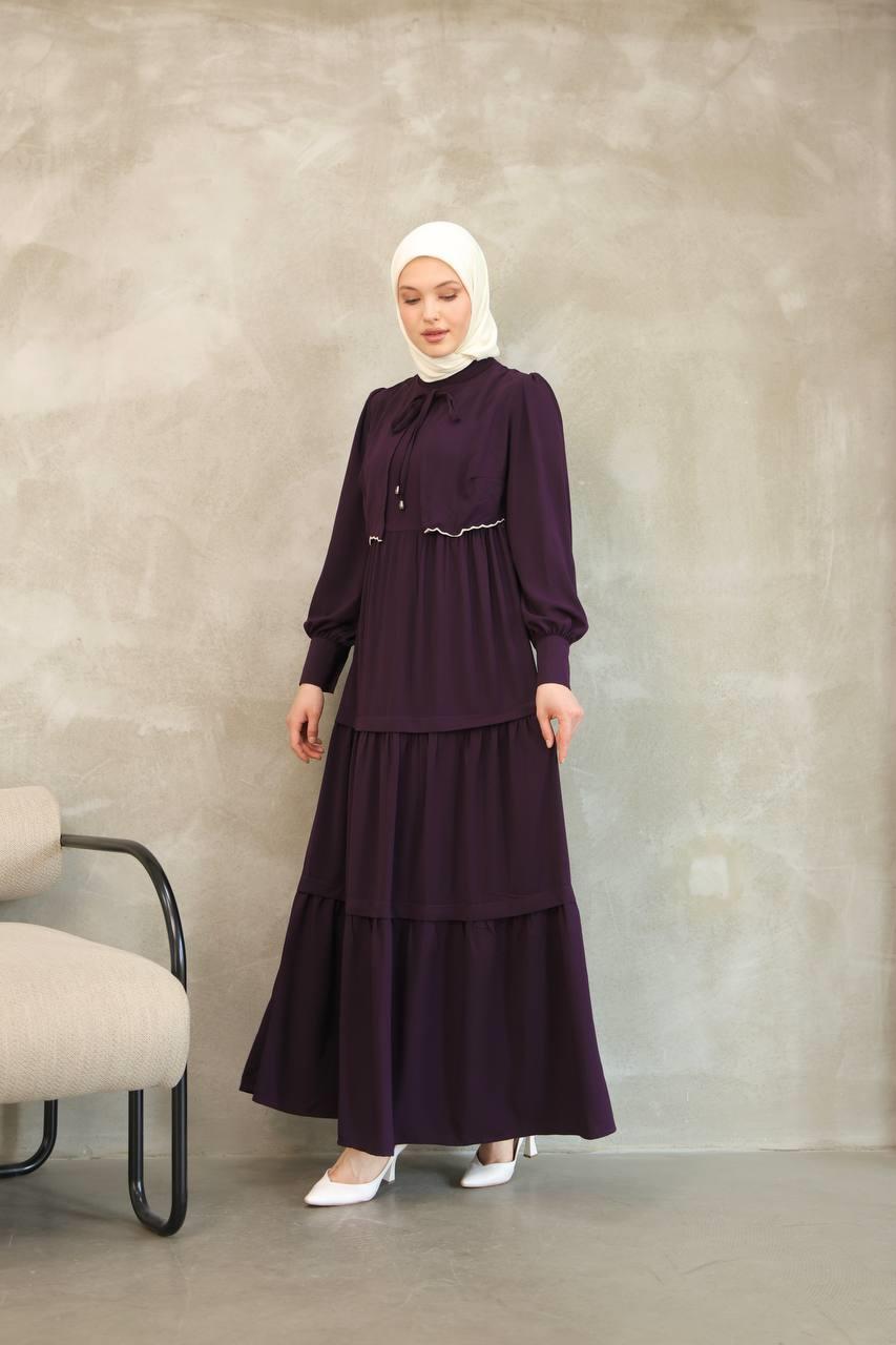 7045 Önden Güpürlü Elbise - Mürdüm