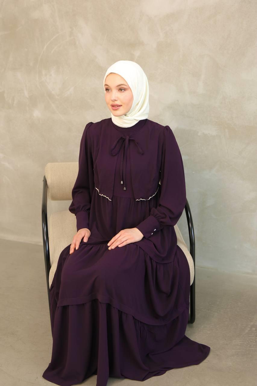 7045 Önden Güpürlü Elbise - Mürdüm